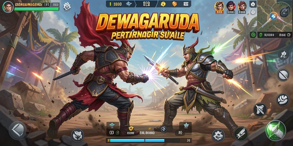 Tampilan gameplay seru dalam DEWAGARUDA saat pertarungan epik berlangsung.