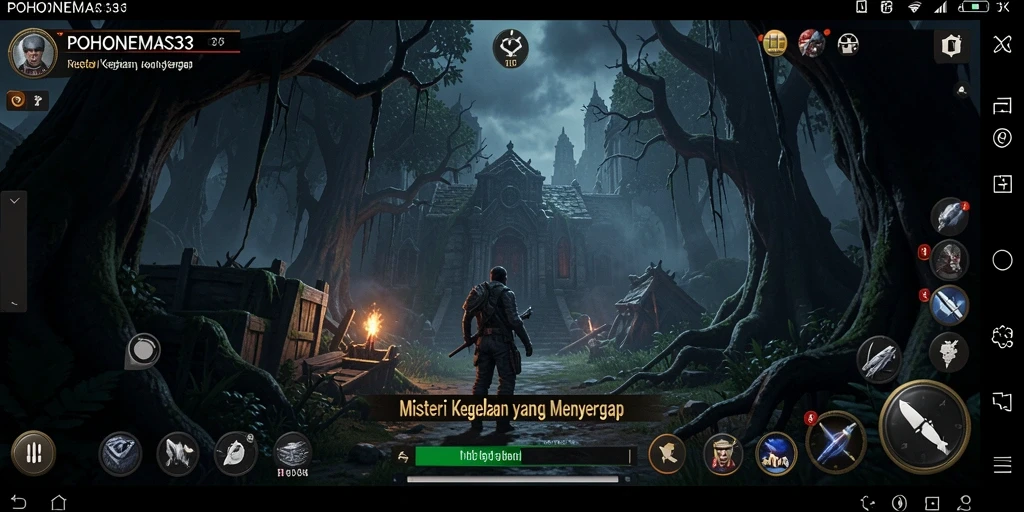 Tampilan menegangkan dari gameplay POHONEMAS33 di tengah hutan gelap.