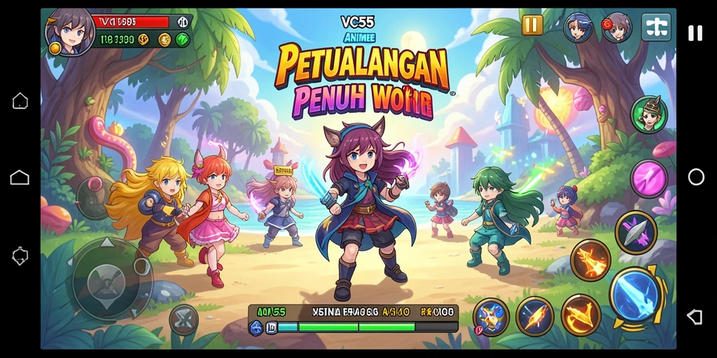 Tangkapan layar utama VC55 menunjukkan karakter anime dalam aksi yang dinamis.